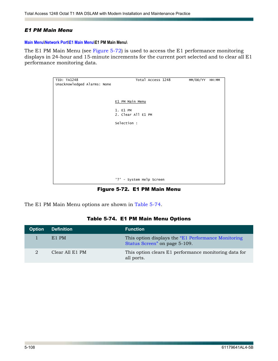 E1 pm main menu, E1 pm main menu -108, Figure 5-72. e1 pm main menu -108 | Table 5-74, E1 pm main menu options -108 | ADTRAN 1248 User Manual | Page 160 / 236