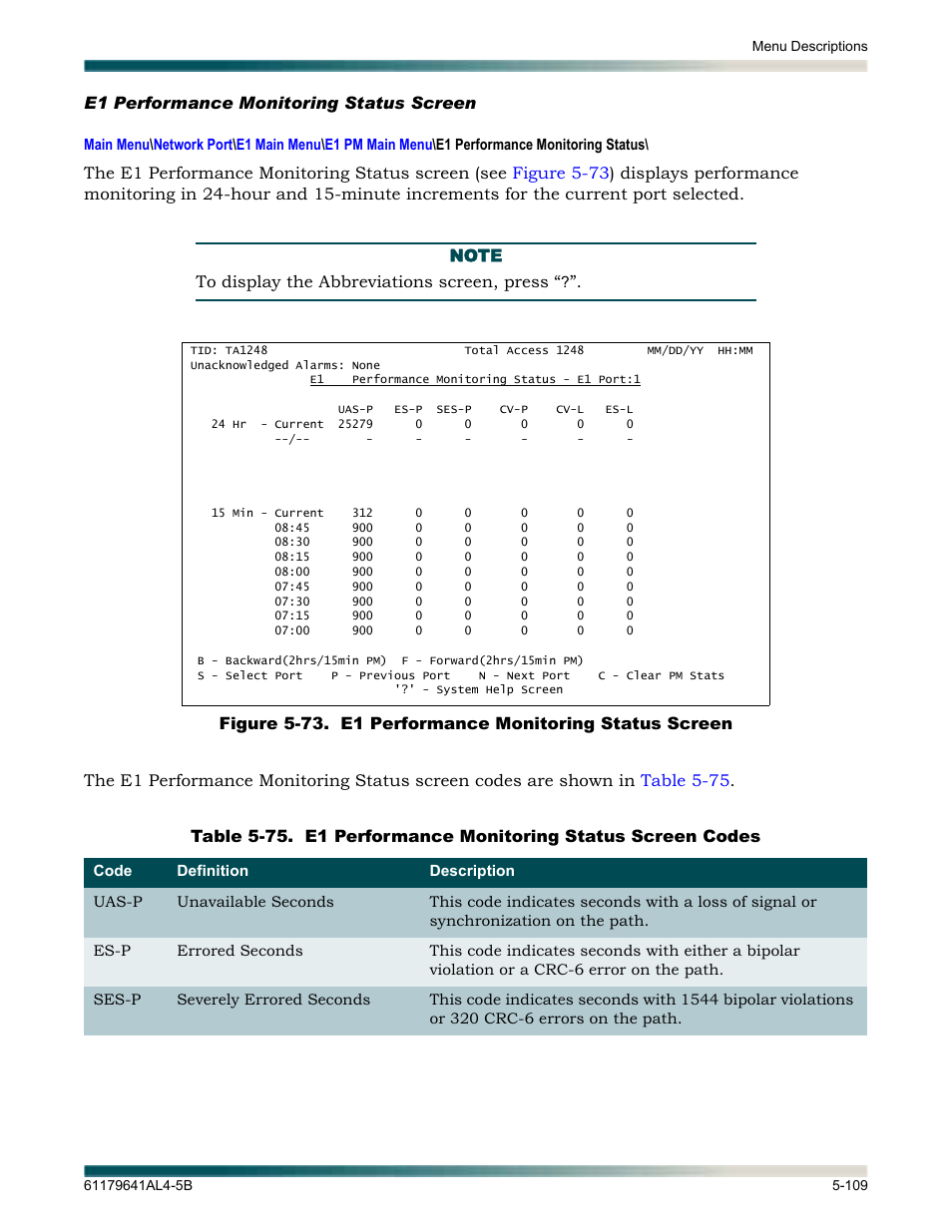 E1 performance monitoring status screen, E1 performance monitoring status screen -109, Table 5-75 | E1 performance monitoring status screen codes -109, E1 performance monitoring, Status screen | ADTRAN 1248 User Manual | Page 161 / 236