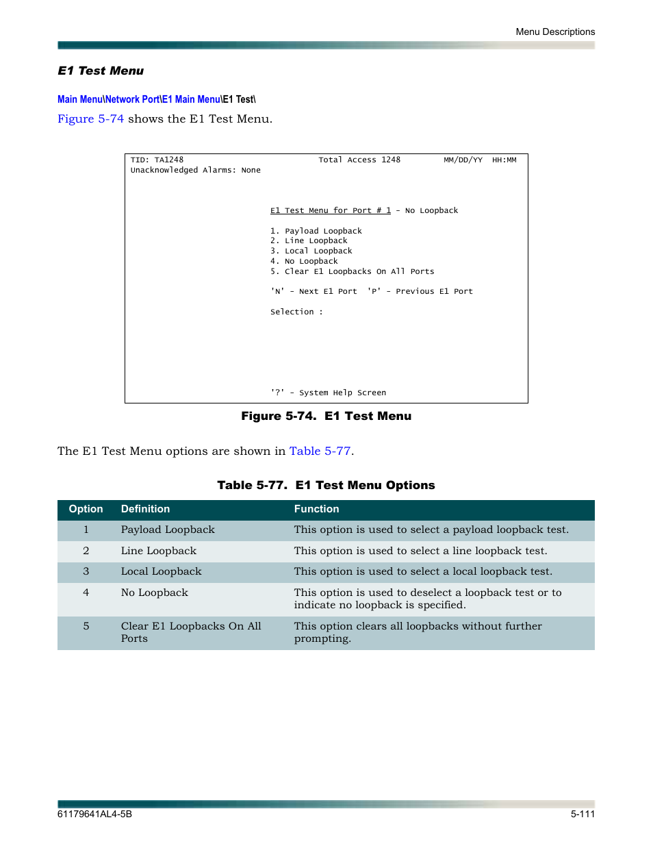 E1 test menu, E1 test menu -111, Figure 5-74. e1 test menu -111 | Table 5-77, E1 test menu options -111 | ADTRAN 1248 User Manual | Page 163 / 236
