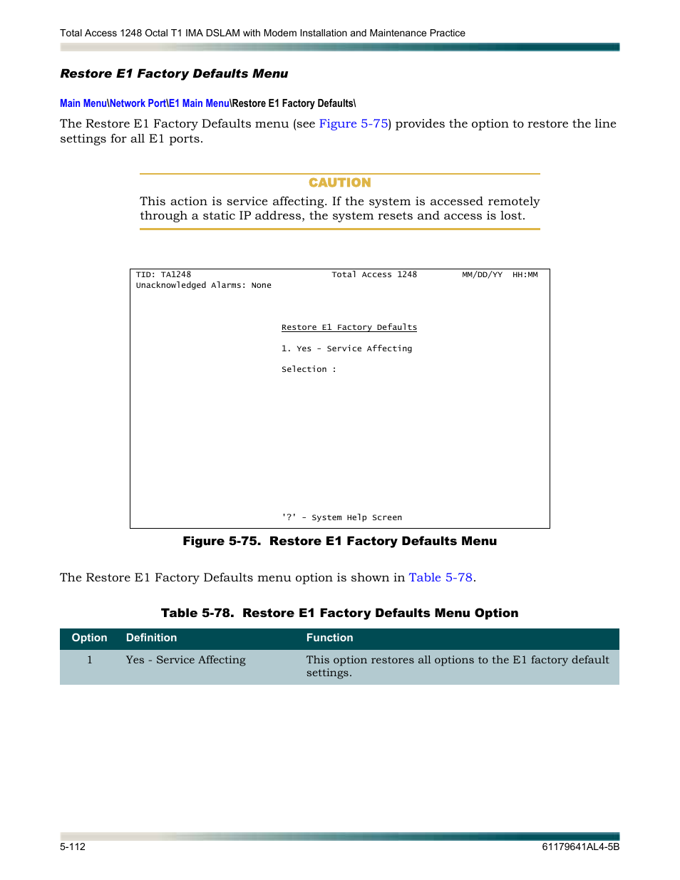 Restore e1 factory defaults menu, Restore e1 factory defaults menu -112, Figure 5-75. restore e1 factory defaults menu -112 | Table 5-78, Restore e1 factory defaults menu option -112, Restore e1 factory defaults, Menu | ADTRAN 1248 User Manual | Page 164 / 236