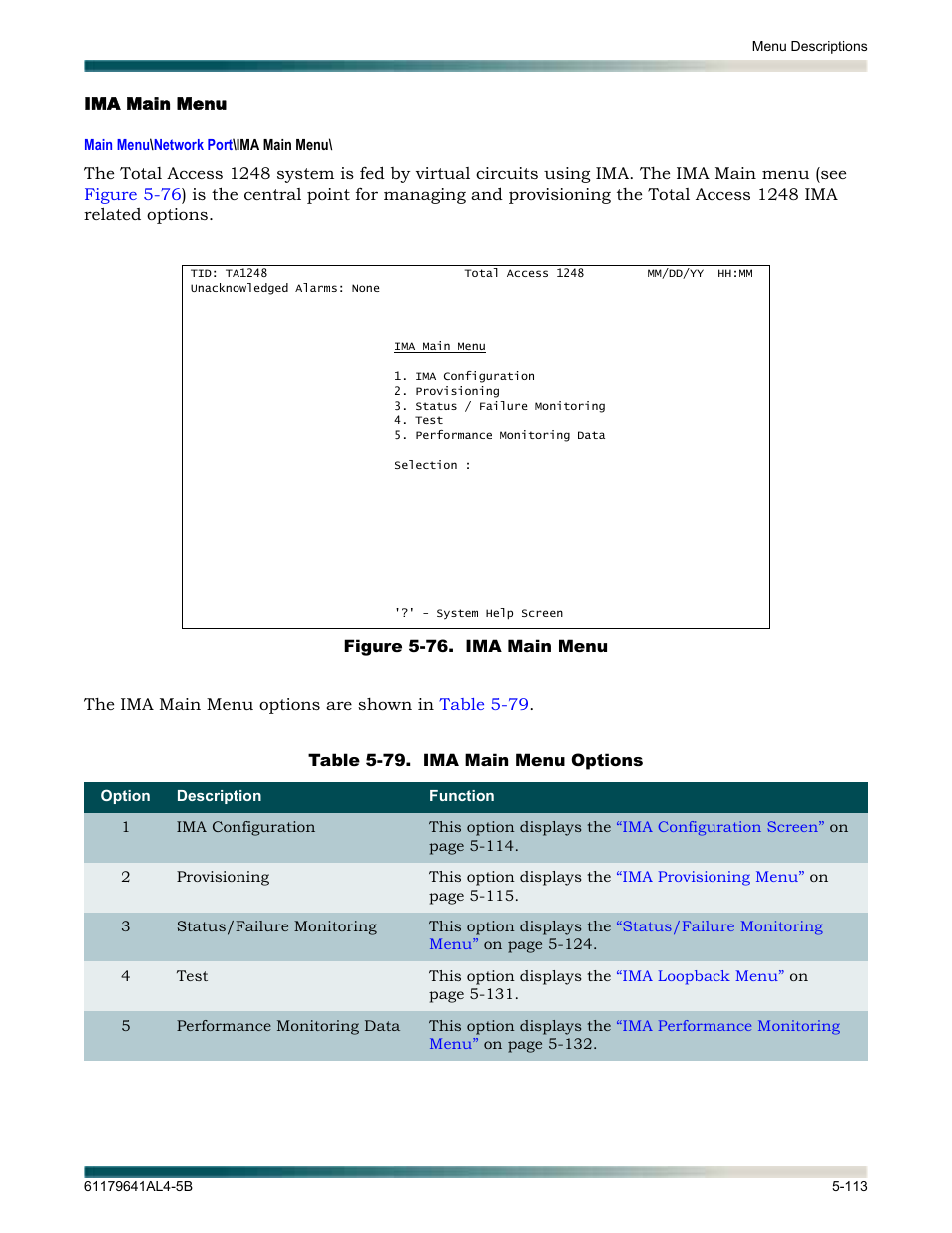 Ima main menu, Ima main menu -113, Figure 5-76. ima main menu -113 | Table 5-79, Ima main menu options -113 | ADTRAN 1248 User Manual | Page 165 / 236