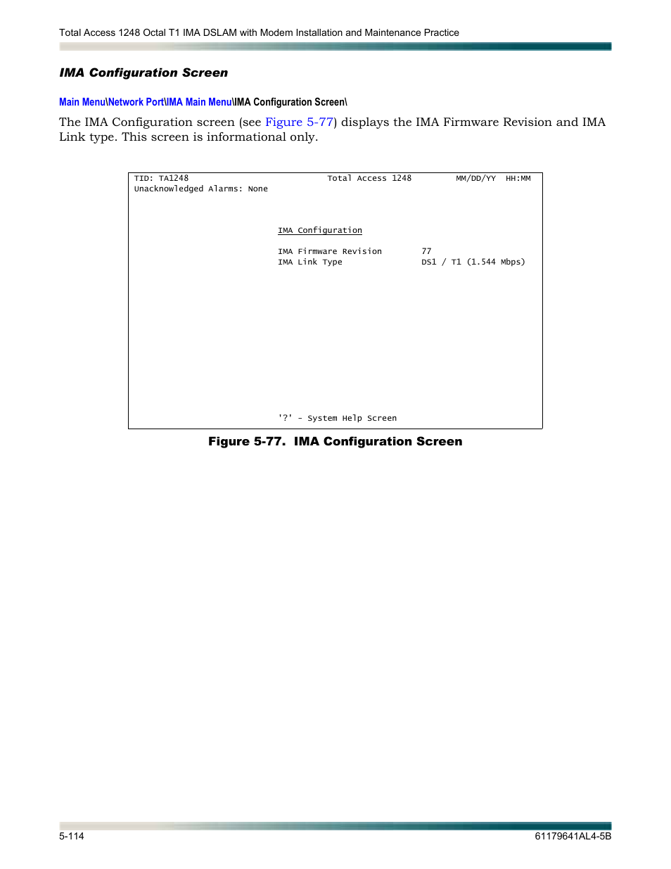 Ima configuration screen, Ima configuration screen -114, Figure 5-77. ima configuration screen -114 | Lays the | ADTRAN 1248 User Manual | Page 166 / 236