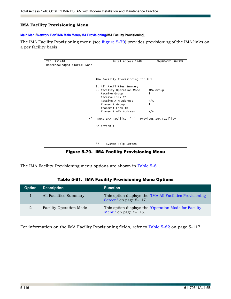 Ima facility provisioning menu, Ima facility provisioning menu -116, Figure 5-79. ima facility provisioning menu -116 | Table 5-81, Ima facility provisioning menu options -116, Lays the, Ima facility provisioning, Menu | ADTRAN 1248 User Manual | Page 168 / 236