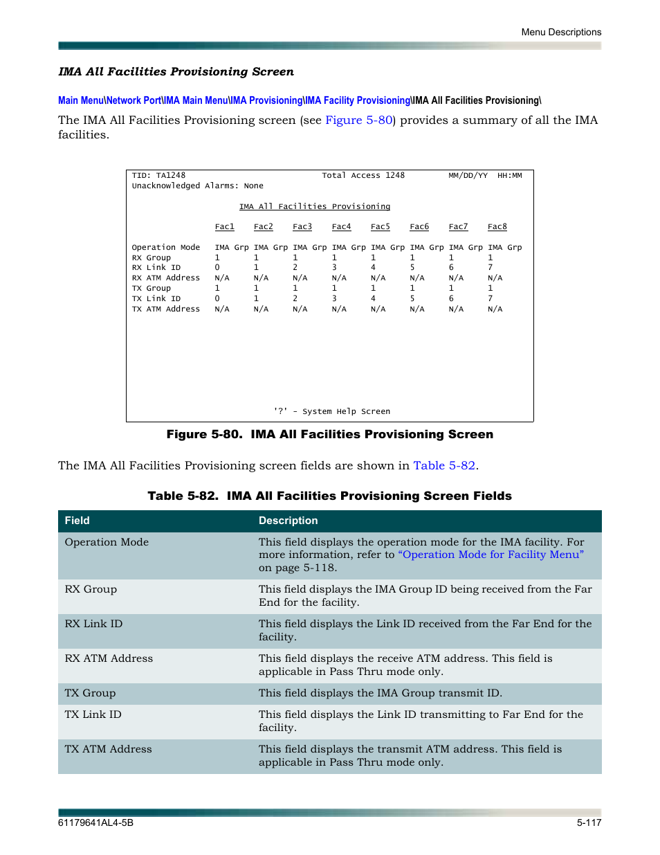 Ima all facilities provisioning screen, Ima all facilities provisioning screen -117, Table 5-82 | Ima all facilities provisioning screen fields -117, Elds, refer to, Lays the, Ima all facilities provisioning, Screen | ADTRAN 1248 User Manual | Page 169 / 236