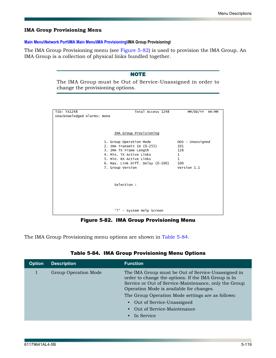 Ima group provisioning menu, Ima group provisioning menu -119, Figure 5-82. ima group provisioning menu -119 | Table 5-84, Ima group provisioning menu options -119 | ADTRAN 1248 User Manual | Page 171 / 236