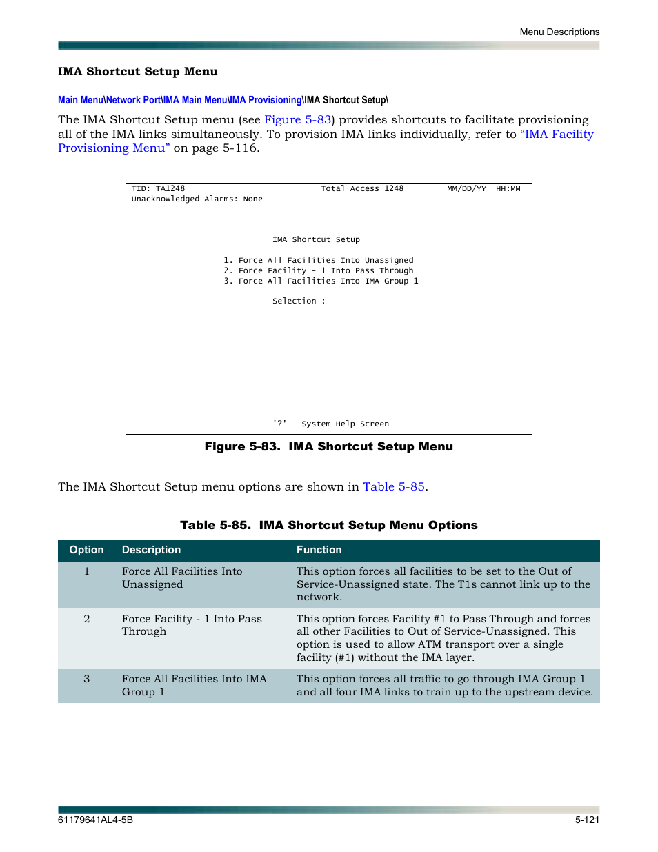 Ima shortcut setup menu, Ima shortcut setup menu -121, Figure 5-83. ima shortcut setup menu -121 | Table 5-85, Ima shortcut setup menu options -121, Lays the | ADTRAN 1248 User Manual | Page 173 / 236