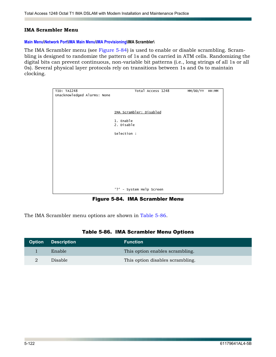 Ima scrambler menu, Ima scrambler menu -122, Figure 5-84. ima scrambler menu -122 | Table 5-86, Ima scrambler menu options -122, Lays the | ADTRAN 1248 User Manual | Page 174 / 236