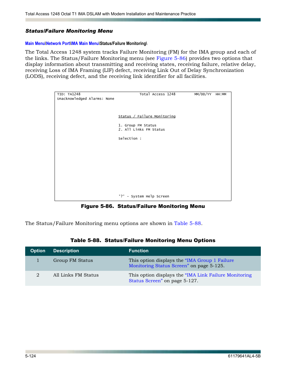 Status/failure monitoring menu, Status/failure monitoring menu -124, Figure 5-86. status/failure monitoring menu -124 | Table 5-88, Status/failure monitoring menu options -124, Lays the, Status/failure monitoring, Menu | ADTRAN 1248 User Manual | Page 176 / 236