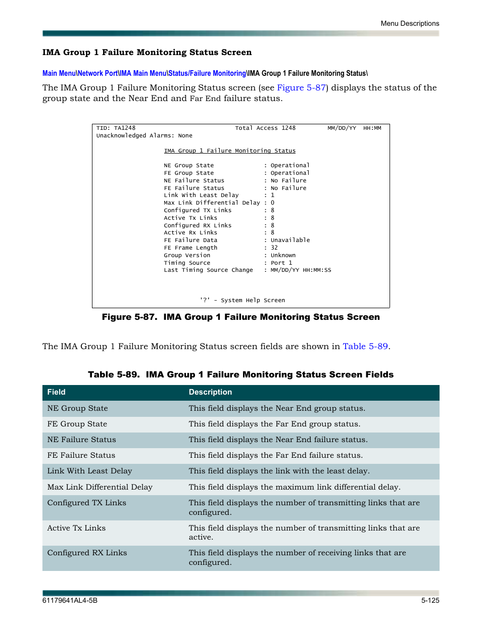 Ima group 1 failure monitoring status screen, Ima group 1 failure monitoring status screen -125, Table 5-89 | Isplays the, Ima group 1 failure, Monitoring status screen | ADTRAN 1248 User Manual | Page 177 / 236