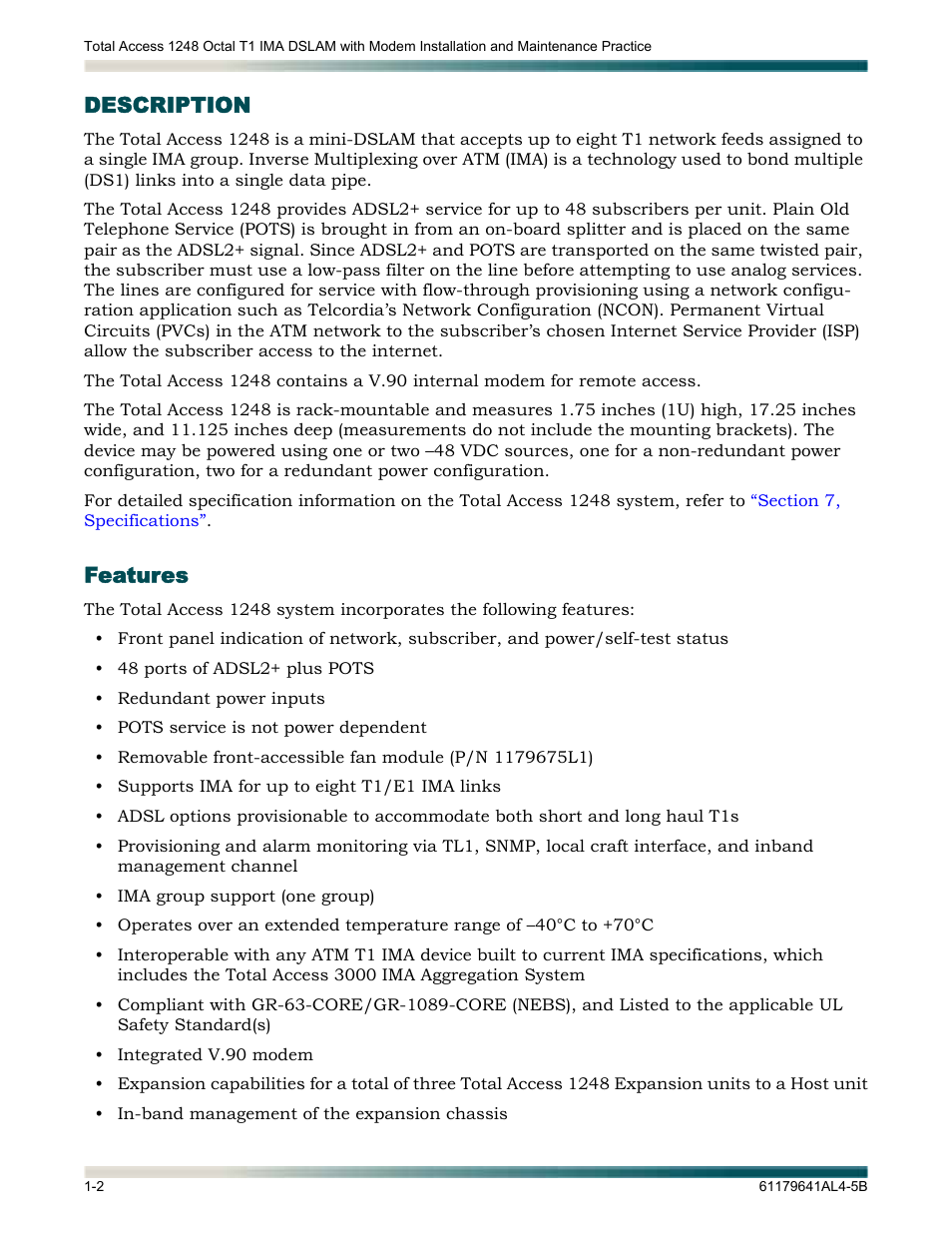 Description, Features, Description -2 | Features -2 | ADTRAN 1248 User Manual | Page 18 / 236