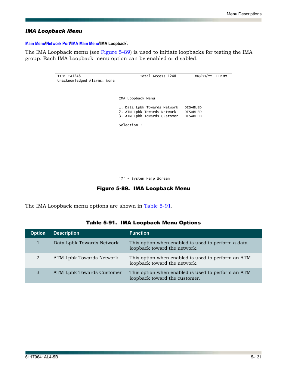 Ima loopback menu, Ima loopback menu -131, Figure 5-89. ima loopback menu -131 | Table 5-91, Ima loopback menu options -131, Lays the | ADTRAN 1248 User Manual | Page 183 / 236