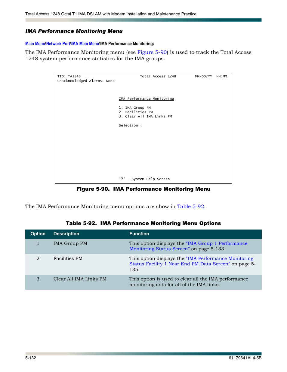 Ima performance monitoring menu, Ima performance monitoring menu -132, Figure 5-90. ima performance monitoring menu -132 | Table 5-92, Ima performance monitoring menu options -132, Lays the, Ima performance monitoring, Menu | ADTRAN 1248 User Manual | Page 184 / 236