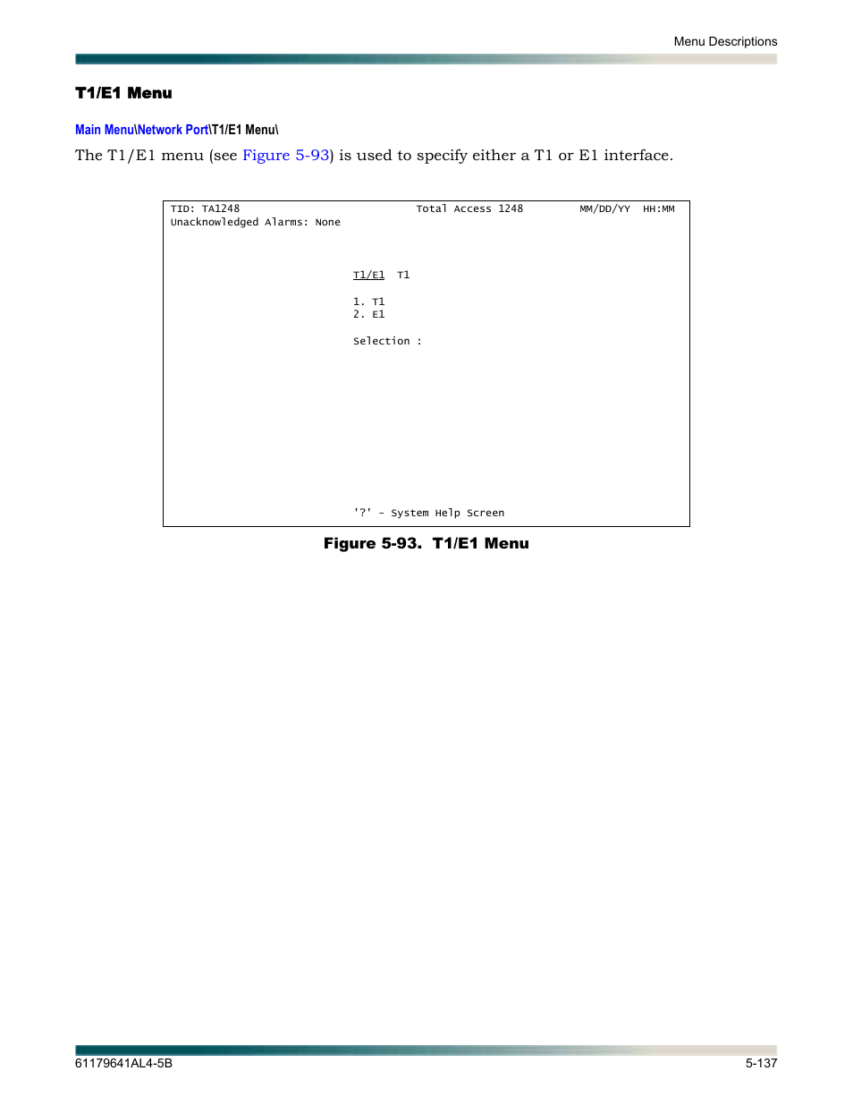T1/e1 menu, T1/e1 menu -137, Figure 5-93. t1/e1 menu -137 | ADTRAN 1248 User Manual | Page 189 / 236
