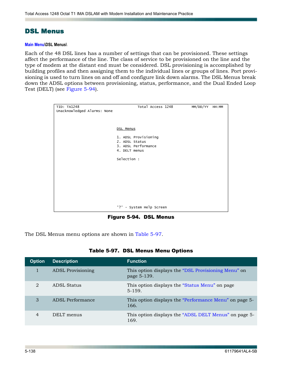 Dsl menus, Dsl menus -138, Figure 5-94. dsl menus -138 | Table 5-97, Dsl menus menu options -138, Displays the | ADTRAN 1248 User Manual | Page 190 / 236