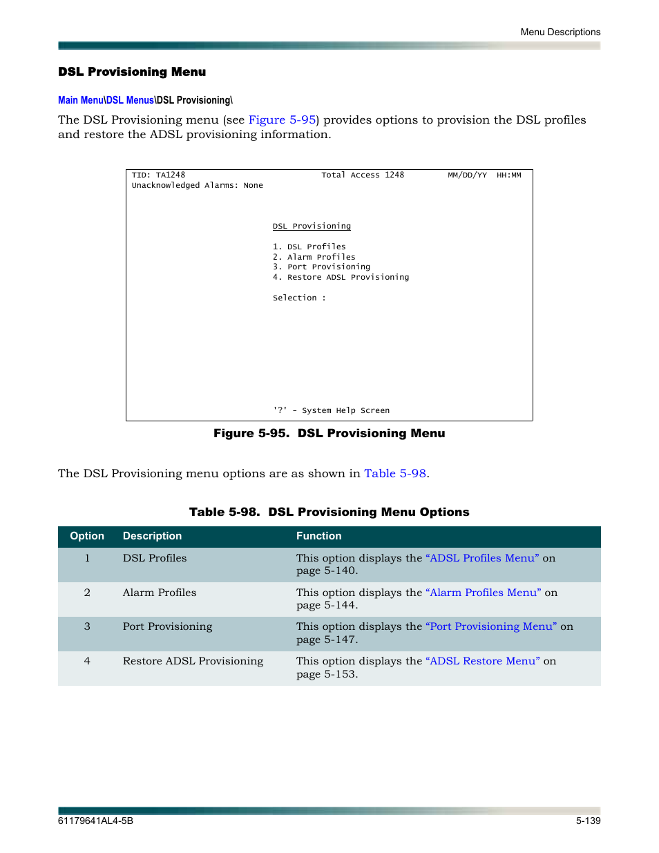 Dsl provisioning menu, Dsl provisioning menu -139, Figure 5-95. dsl provisioning menu -139 | Table 5-98, Dsl provisioning menu options -139, Lays the | ADTRAN 1248 User Manual | Page 191 / 236