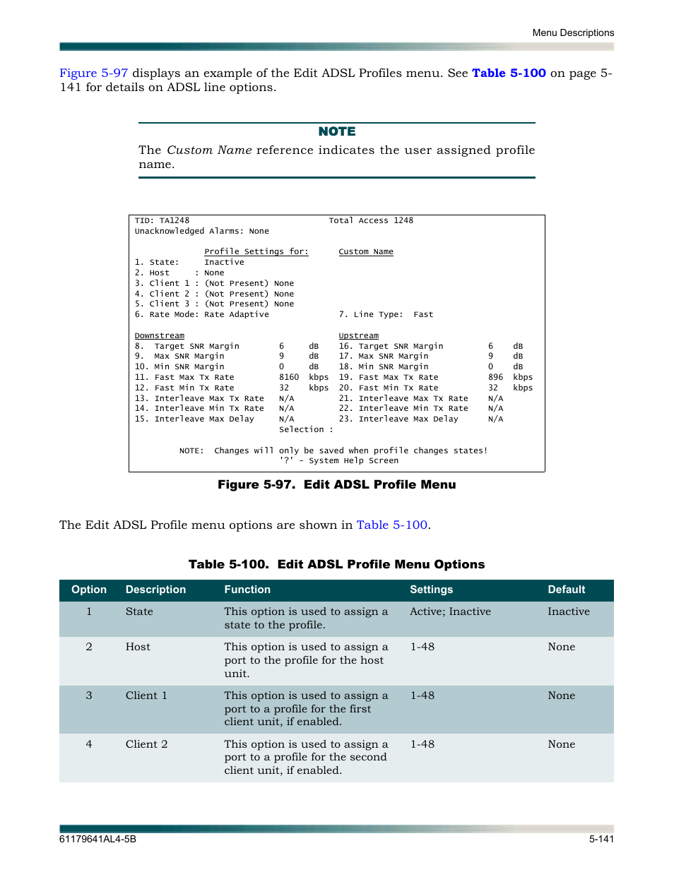 Figure 5-97. edit adsl profile menu -141, Table 5-100. edit adsl profile menu options -141 | ADTRAN 1248 User Manual | Page 193 / 236