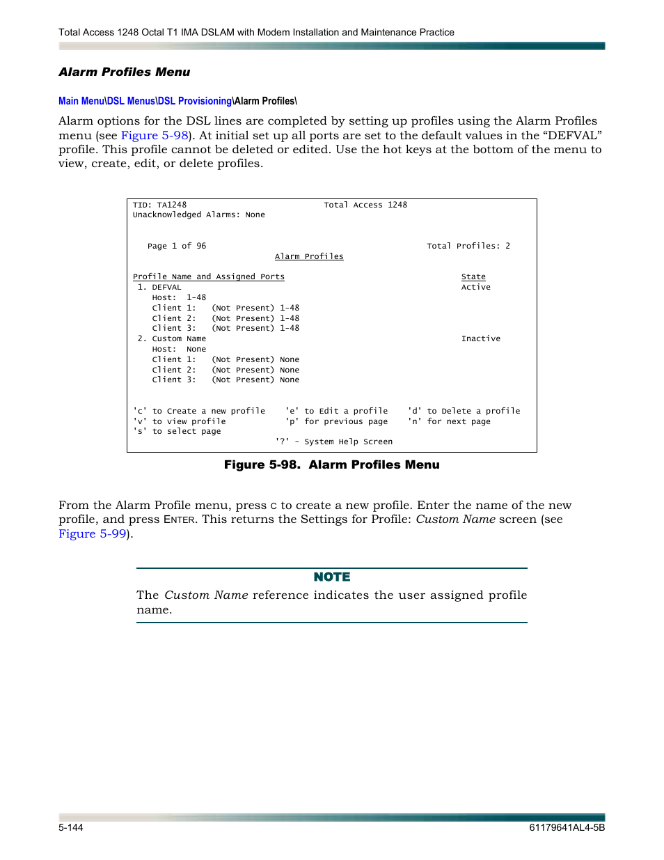 Alarm profiles menu, Alarm profiles menu -144, Figure 5-98. alarm profiles menu -144 | Displays the | ADTRAN 1248 User Manual | Page 196 / 236