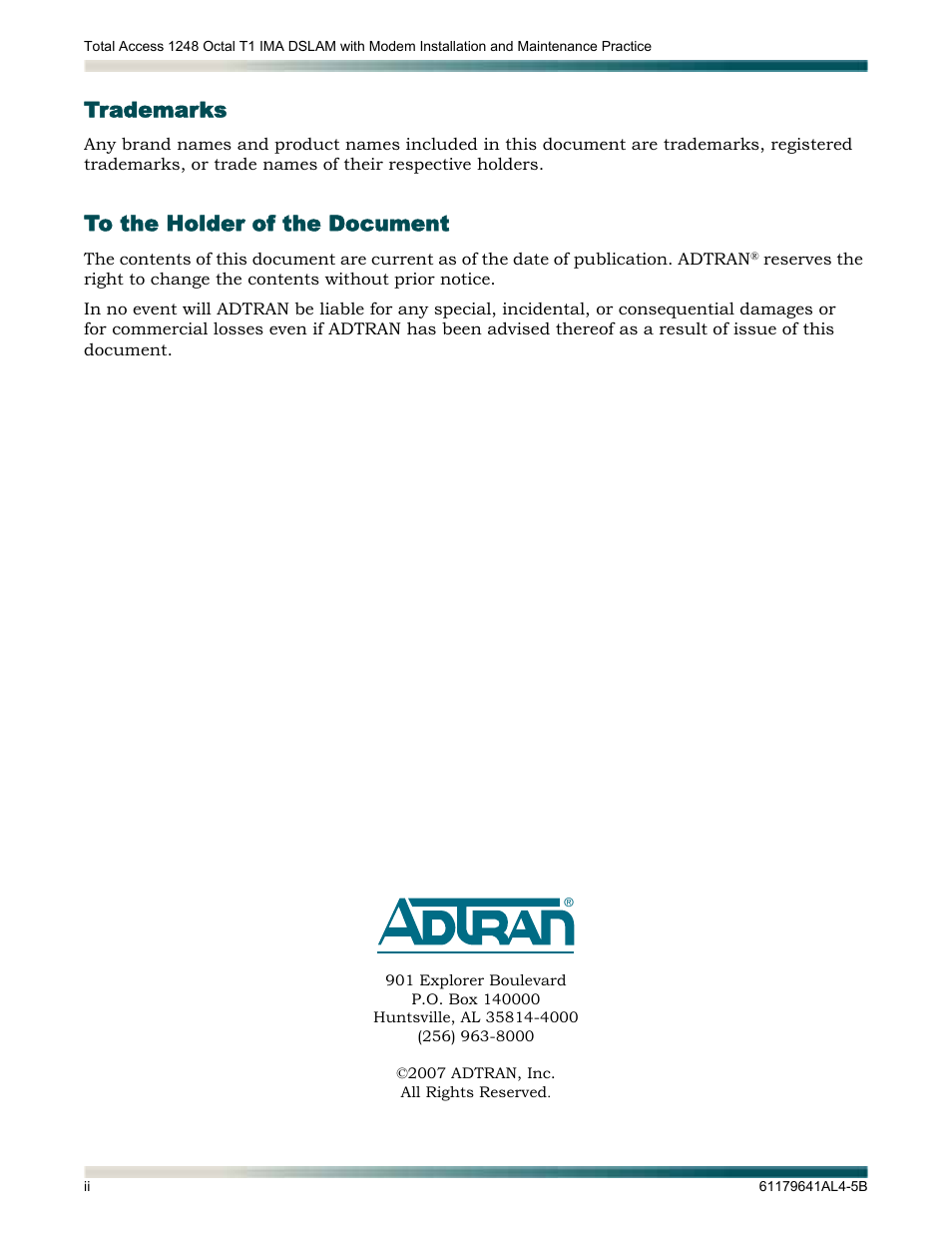 Front matter, Trademarks, To the holder of the document | ADTRAN 1248 User Manual | Page 2 / 236