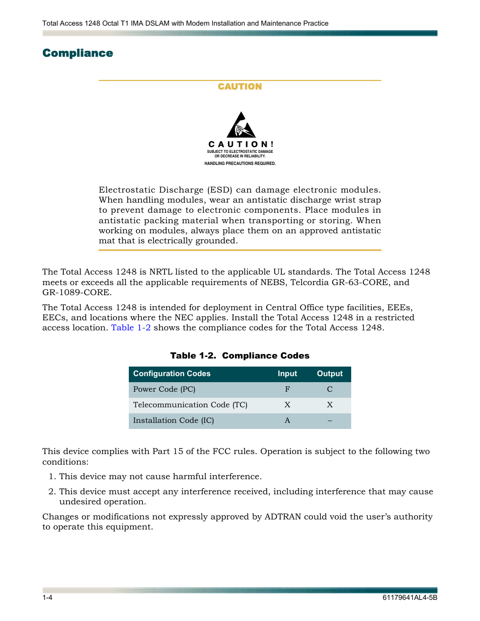 Compliance, Compliance -4, Table 1-2 | Compliance codes -4 | ADTRAN 1248 User Manual | Page 20 / 236