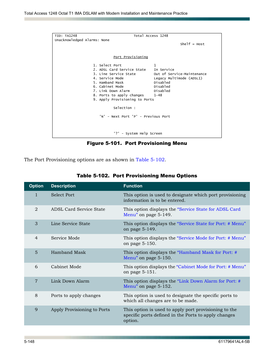 Figure 5-101. port provisioning menu -148, Table 5-102. port provisioning menu options -148, Figure 5-101 | ADTRAN 1248 User Manual | Page 200 / 236