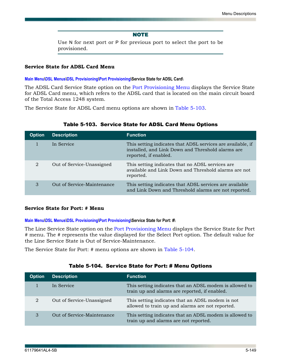 Service state for adsl card menu, Service state for port: # menu, Lays the | Service state for adsl card, Menu | ADTRAN 1248 User Manual | Page 201 / 236