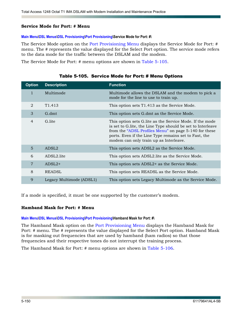 Service mode for port: # menu, Hamband mask for port: # menu, Isplays the | Lays the, Hamband mask for port, Menu | ADTRAN 1248 User Manual | Page 202 / 236