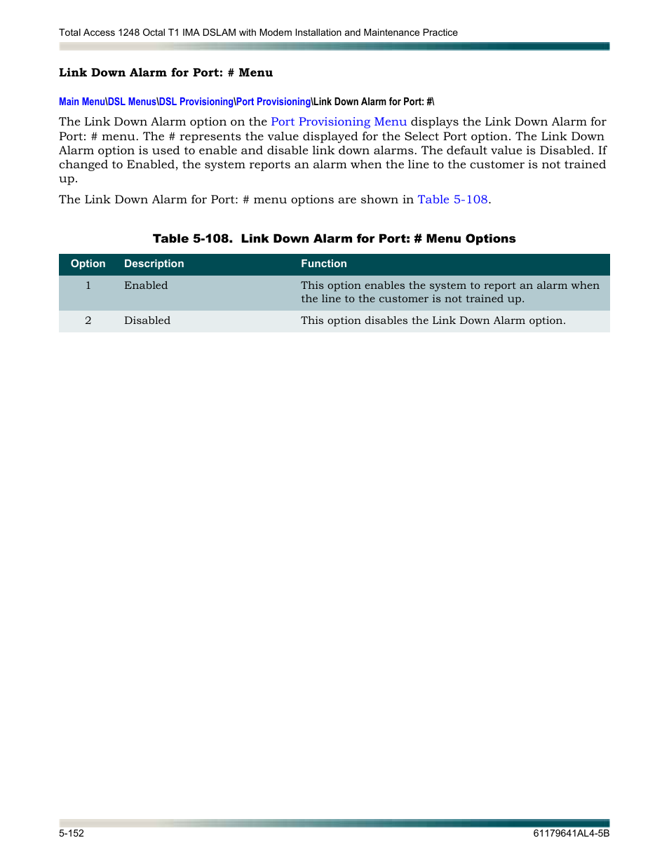 Link down alarm for port: # menu, Link down alarm for port: # menu -152, Lays the | Link down alarm for port, Menu | ADTRAN 1248 User Manual | Page 204 / 236