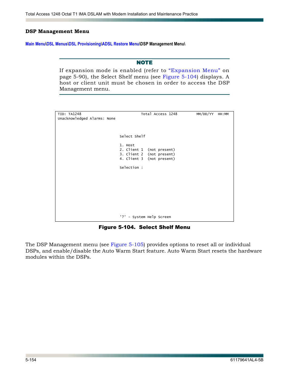 Dsp management menu, Dsp management menu -154, Figure 5-104. select shelf menu -154 | ADTRAN 1248 User Manual | Page 206 / 236