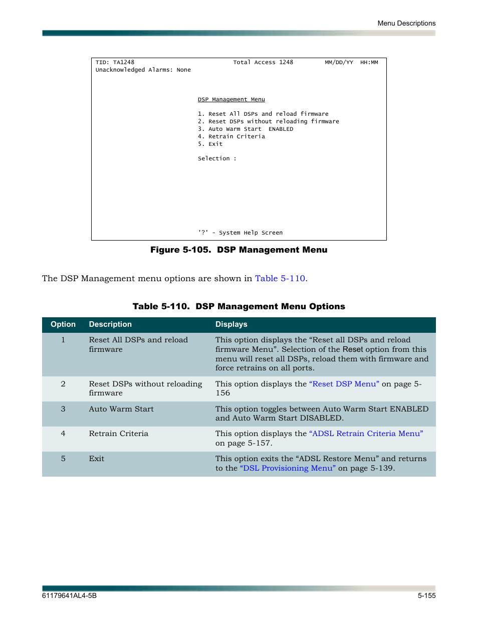 Figure 5-105. dsp management menu -155, Table 5-110. dsp management menu options -155, Figure 5-105 | Provides | ADTRAN 1248 User Manual | Page 207 / 236
