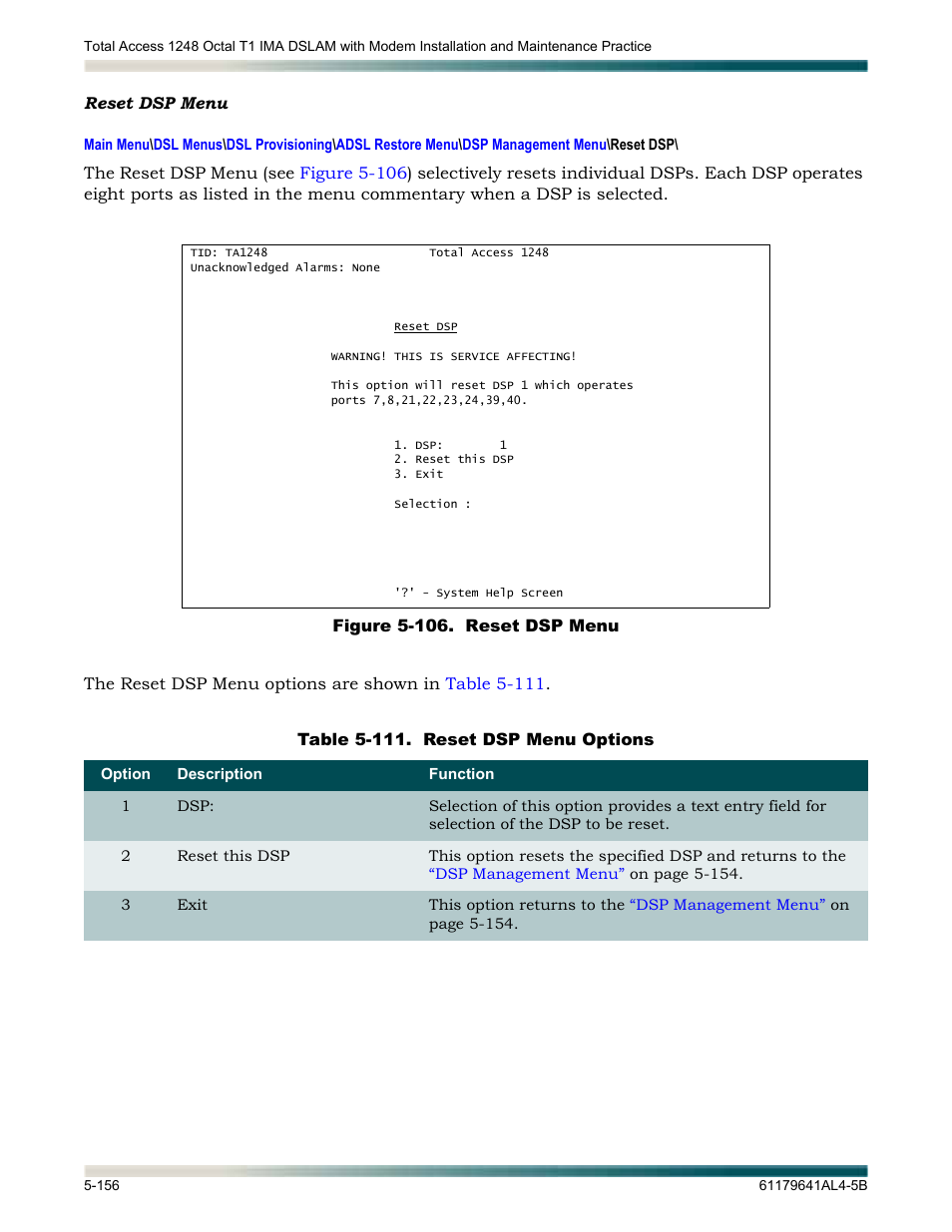 Reset dsp menu, Reset dsp menu -156, Figure 5-106. reset dsp menu -156 | Table 5-111. reset dsp menu options -156, Lays the | ADTRAN 1248 User Manual | Page 208 / 236