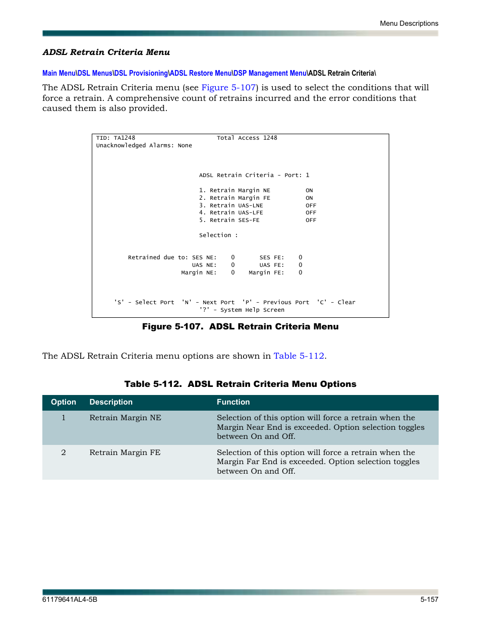 Adsl retrain criteria menu, Adsl retrain criteria menu -157, Figure 5-107. adsl retrain criteria menu -157 | Lays the | ADTRAN 1248 User Manual | Page 209 / 236