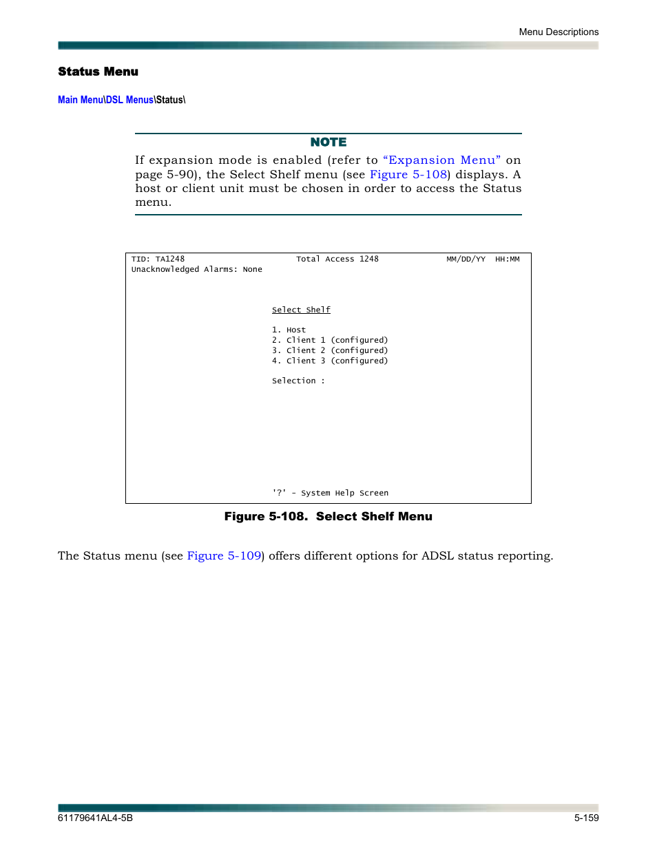 Status menu, Status menu -159, Figure 5-108. select shelf menu -159 | Lays the | ADTRAN 1248 User Manual | Page 211 / 236