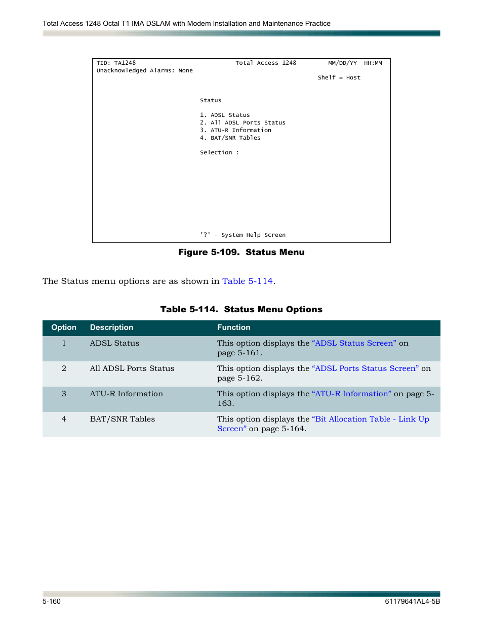 Figure 5-109. status menu -160, Table 5-114. status menu options -160, Figure 5-109 | Offers | ADTRAN 1248 User Manual | Page 212 / 236