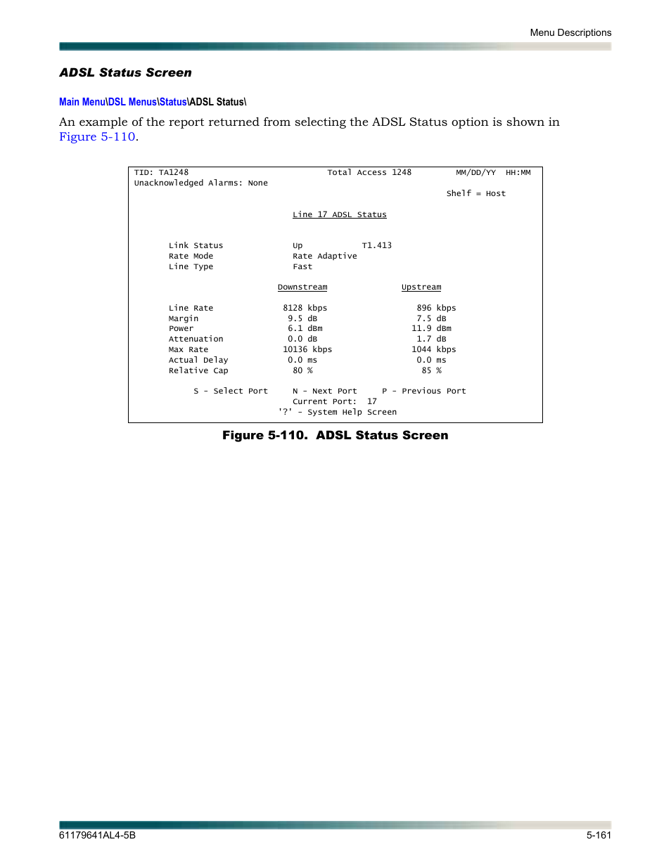 Adsl status screen, Adsl status screen -161, Figure 5-110. adsl status screen -161 | Displays the | ADTRAN 1248 User Manual | Page 213 / 236