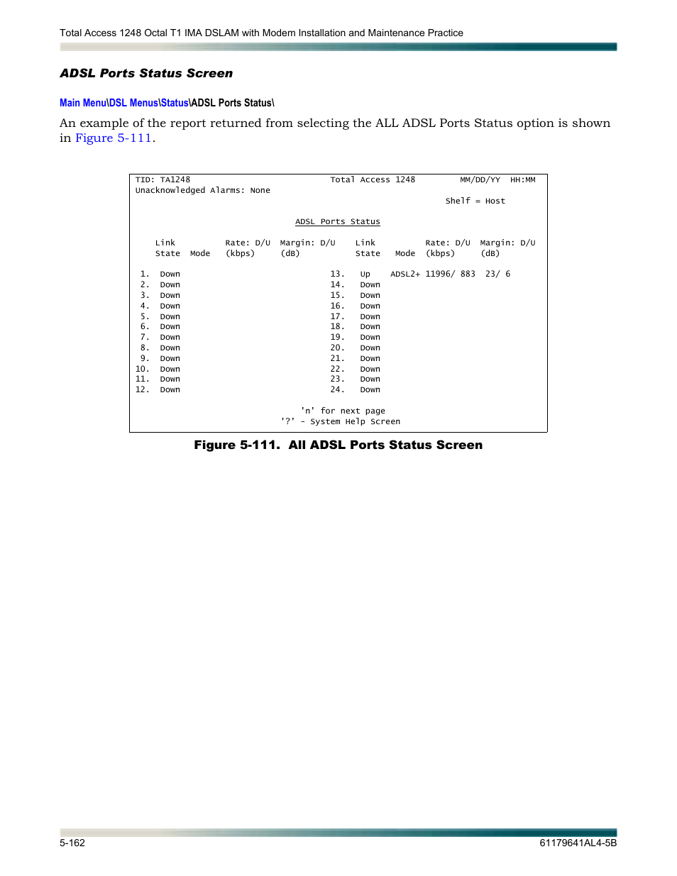 Adsl ports status screen, Adsl ports status screen -162, Figure 5-111. all adsl ports status screen -162 | Displays the | ADTRAN 1248 User Manual | Page 214 / 236