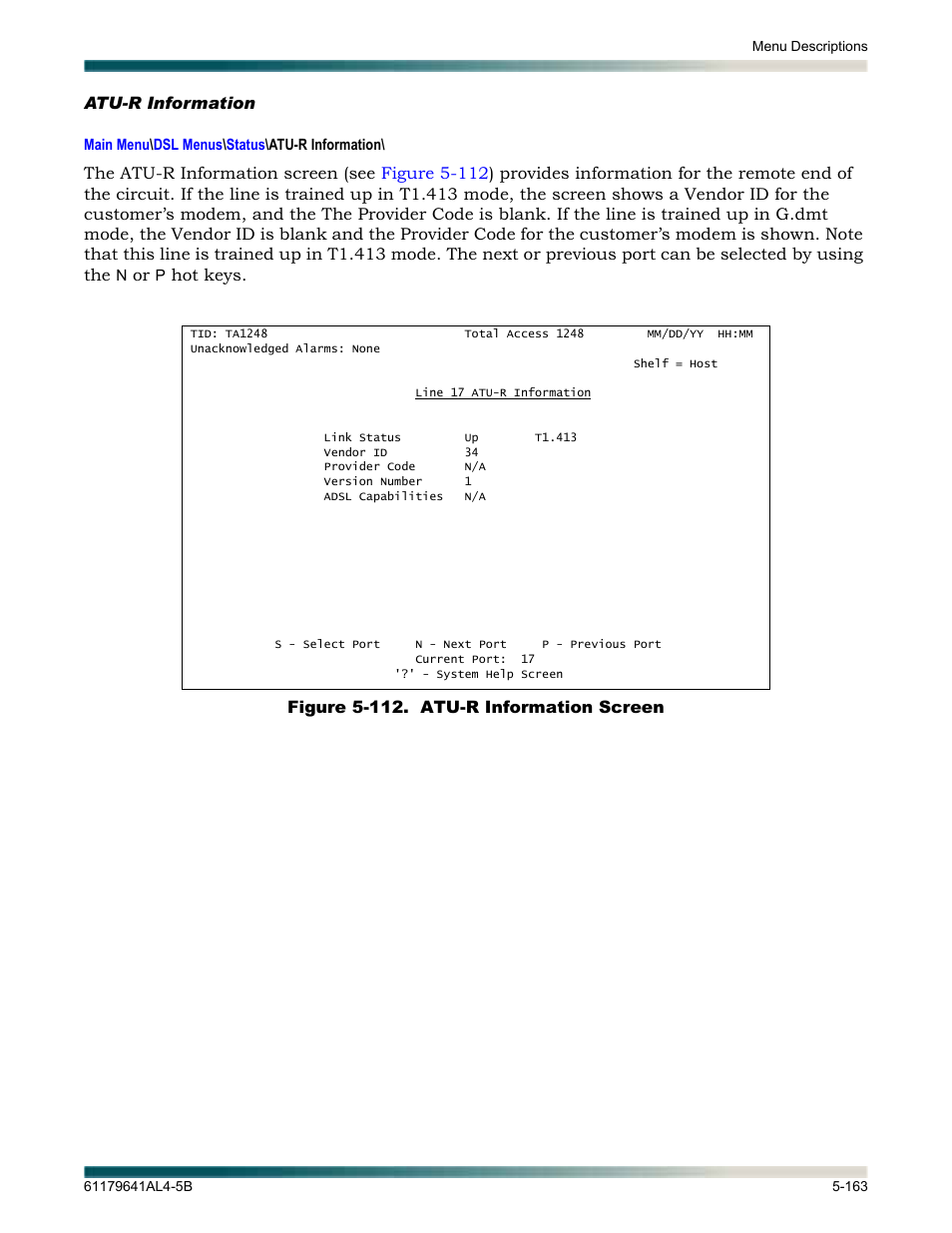 Atu-r information, Atu-r information -163, Figure 5-112. atu-r information screen -163 | Displays the | ADTRAN 1248 User Manual | Page 215 / 236