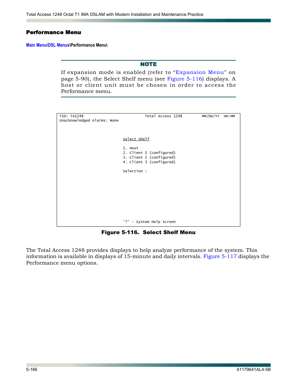 Performance menu, Performance menu -166, Figure 5-116. select shelf menu -166 | Lays the, Ge 5 | ADTRAN 1248 User Manual | Page 218 / 236