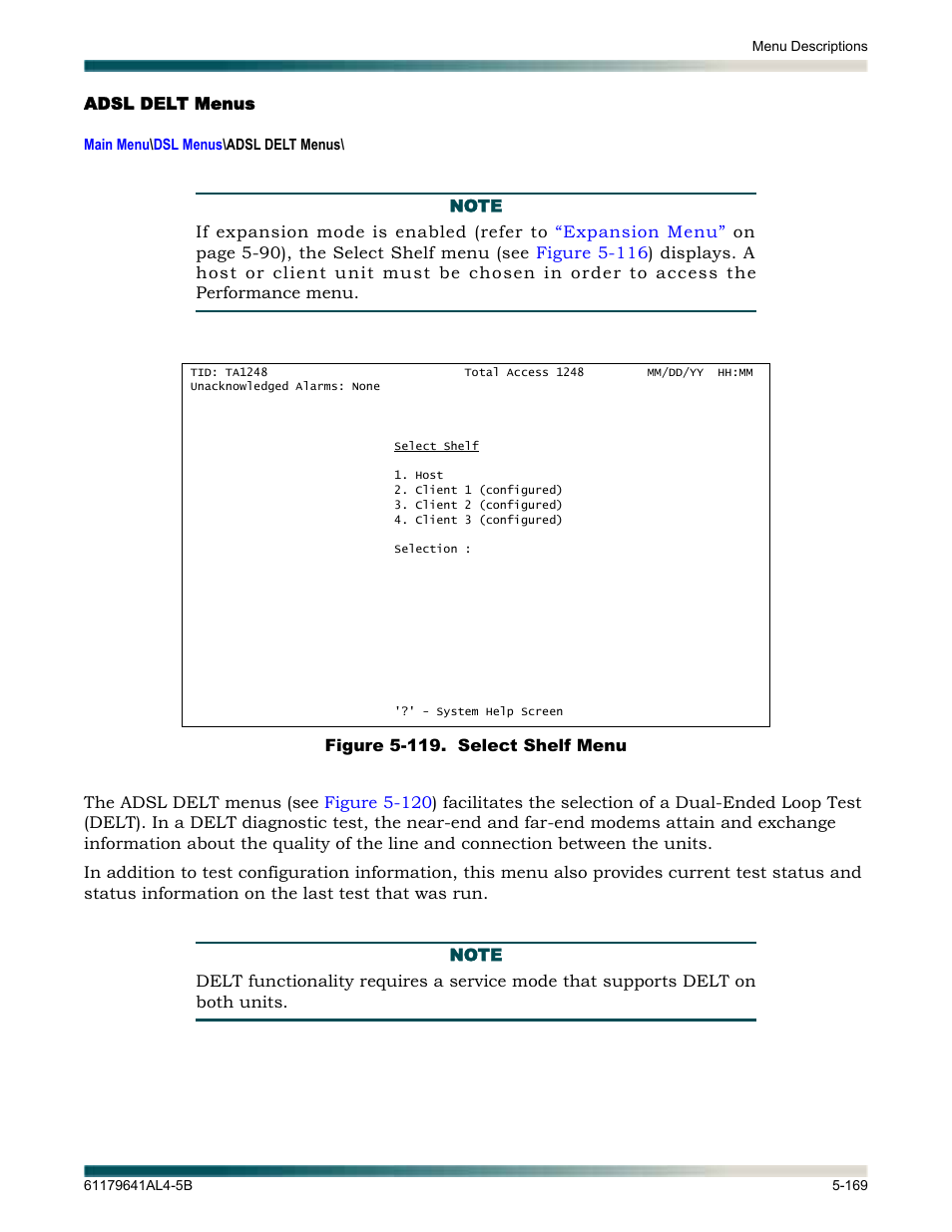 Adsl delt menus, Adsl delt menus -169, Figure 5-119. select shelf menu -169 | ADTRAN 1248 User Manual | Page 221 / 236