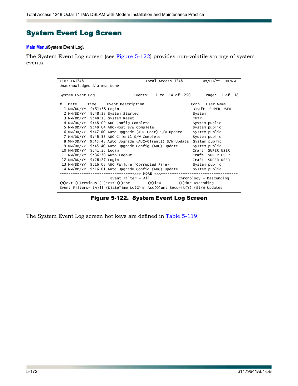System event log screen, System event log screen -172, Figure 5-122. system event log screen -172 | Displays the | ADTRAN 1248 User Manual | Page 224 / 236