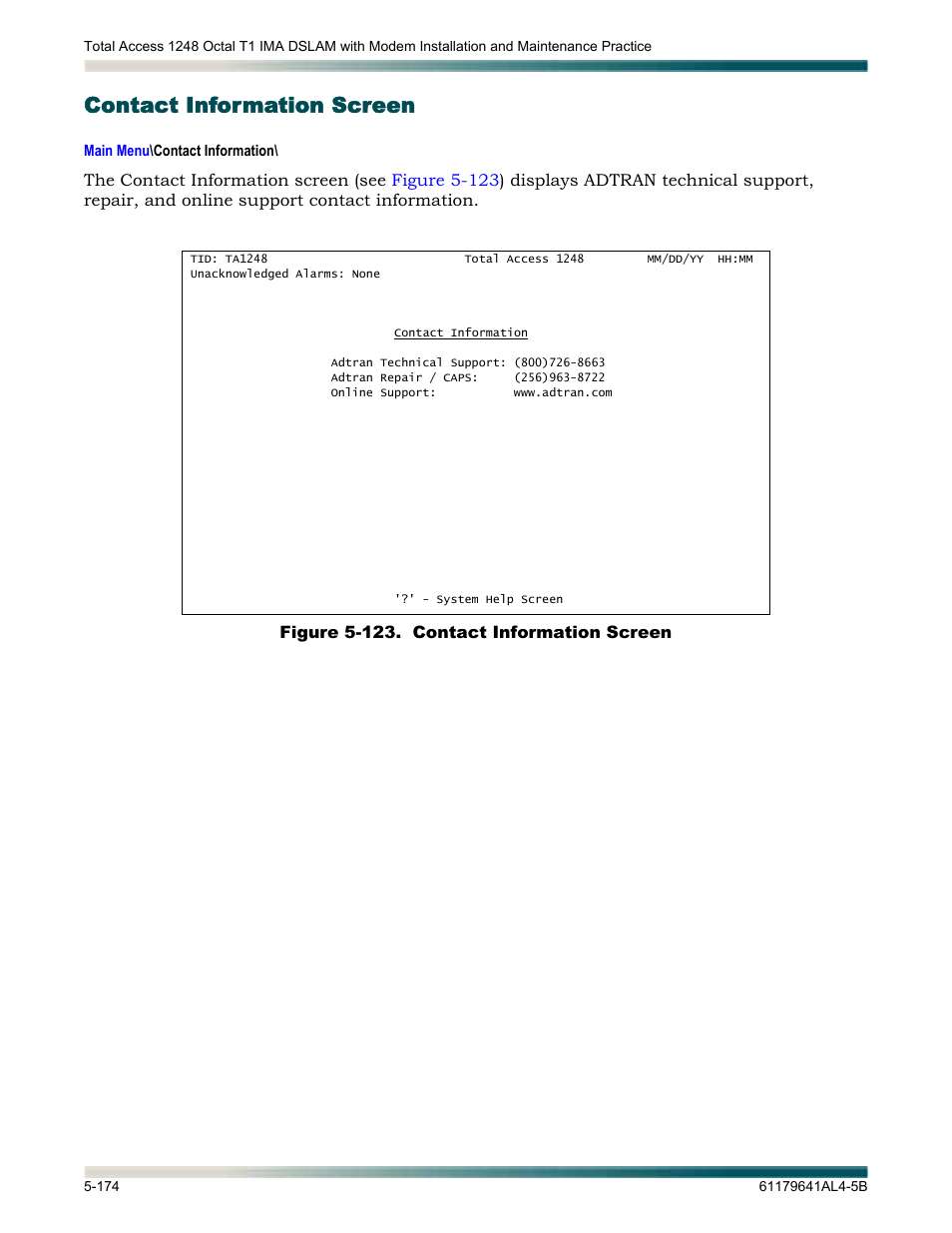 Contact information screen, Contact information screen -174, Figure 5-123. contact information screen -174 | Tion displays the | ADTRAN 1248 User Manual | Page 226 / 236