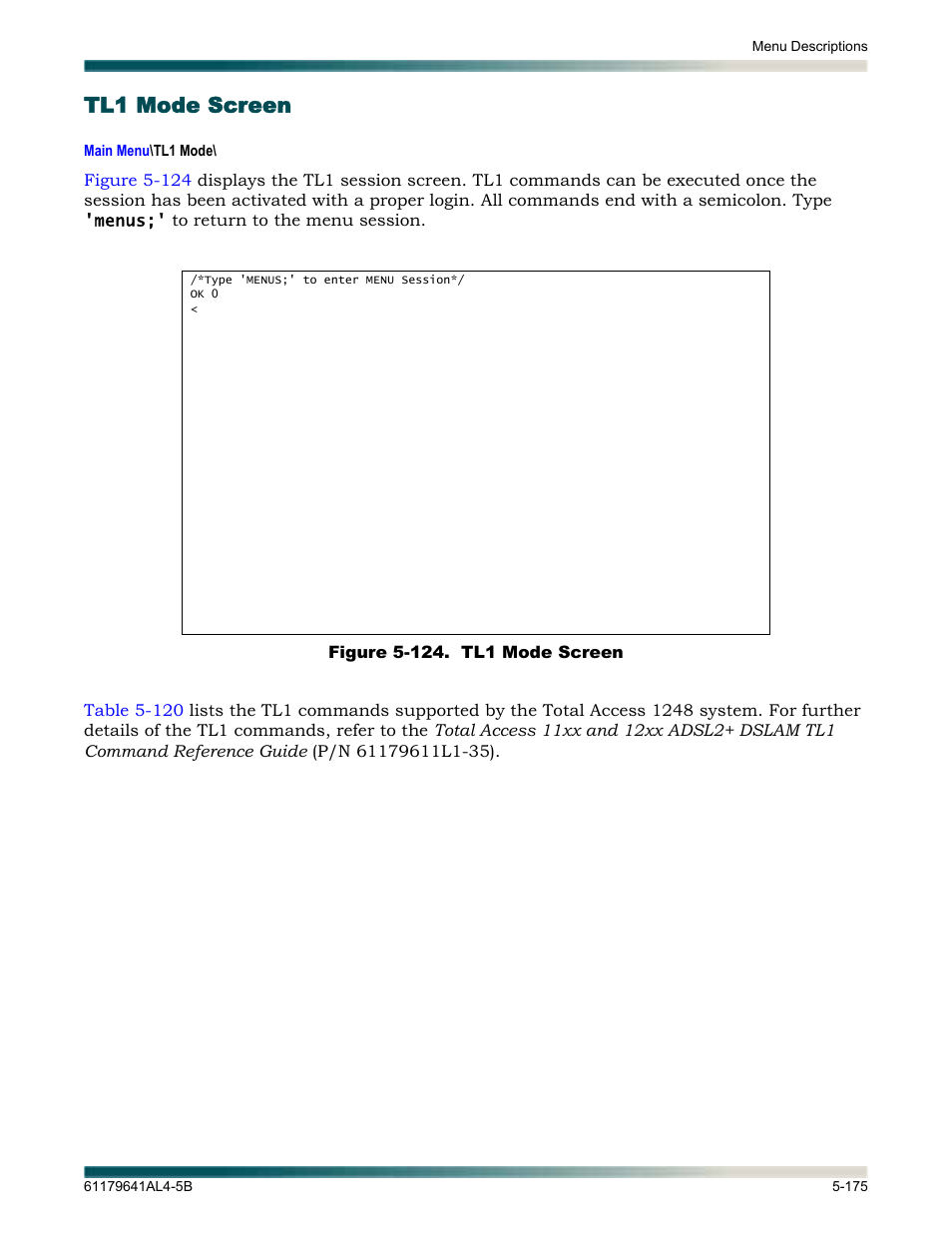 Tl1 mode screen, Tl1 mode screen -175, Figure 5-124. tl1 mode screen -175 | Displays the | ADTRAN 1248 User Manual | Page 227 / 236