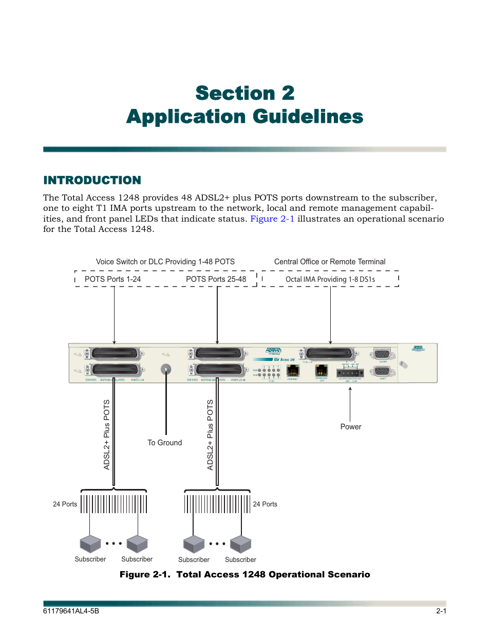 Section 2, application guidelines, Introduction, Section 2 application guidelines -1 | Introduction -1, Figure 2-1, Total access 1248 operational scenario -1, Adsl2+ plus pots | ADTRAN 1248 User Manual | Page 23 / 236