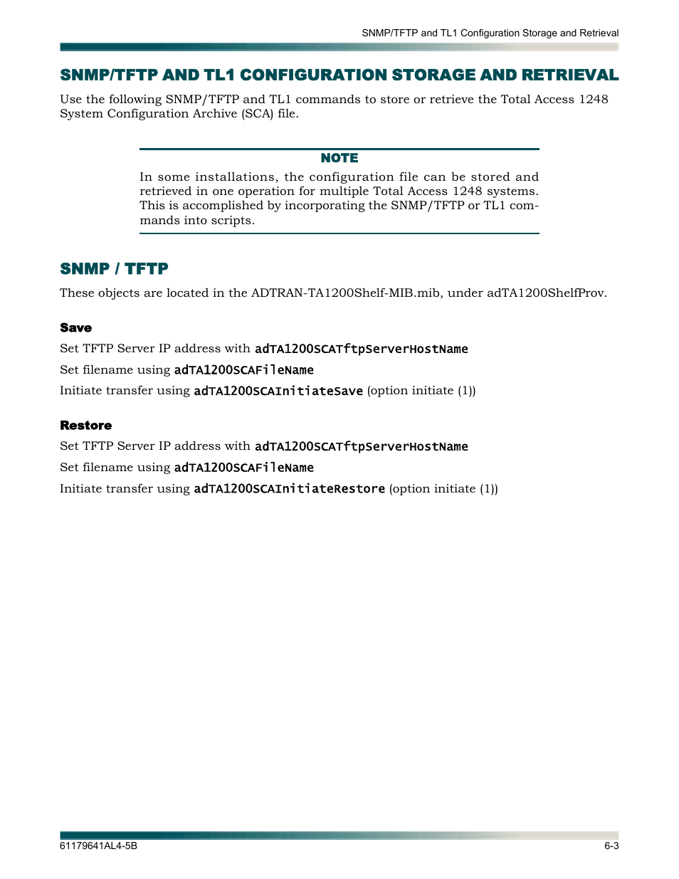 Snmp / tftp, Save, Restore | Snmp / tftp -3, Save -3 restore -3 | ADTRAN 1248 User Manual | Page 231 / 236