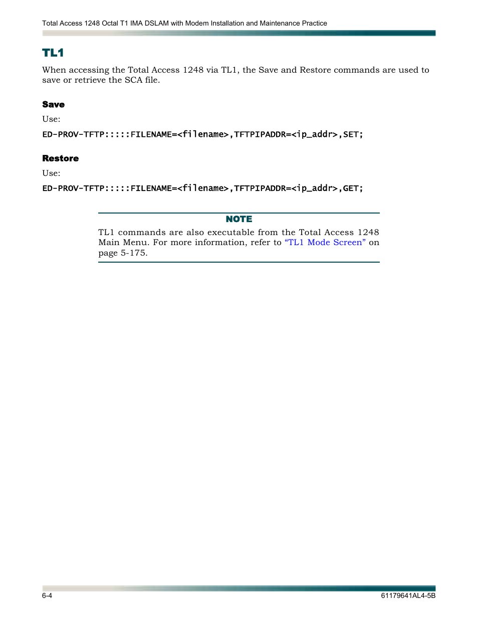 Save, Restore, Tl1 -4 | Save -4 restore -4 | ADTRAN 1248 User Manual | Page 232 / 236