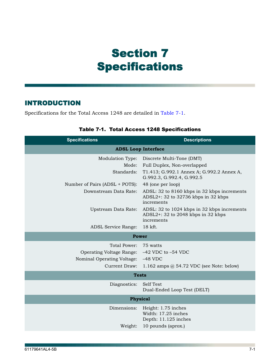Section 7, specifications, Introduction, Section 7 specifications -1 | Introduction -1, Table 7-1, Total access 1248 specifications -1, Section 7, Specifications | ADTRAN 1248 User Manual | Page 233 / 236