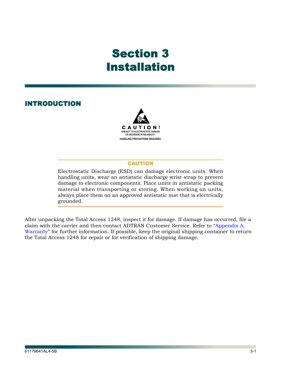 Section 3, installation, Introduction, Section 3 installation -1 | Introduction -1 | ADTRAN 1248 User Manual | Page 25 / 236