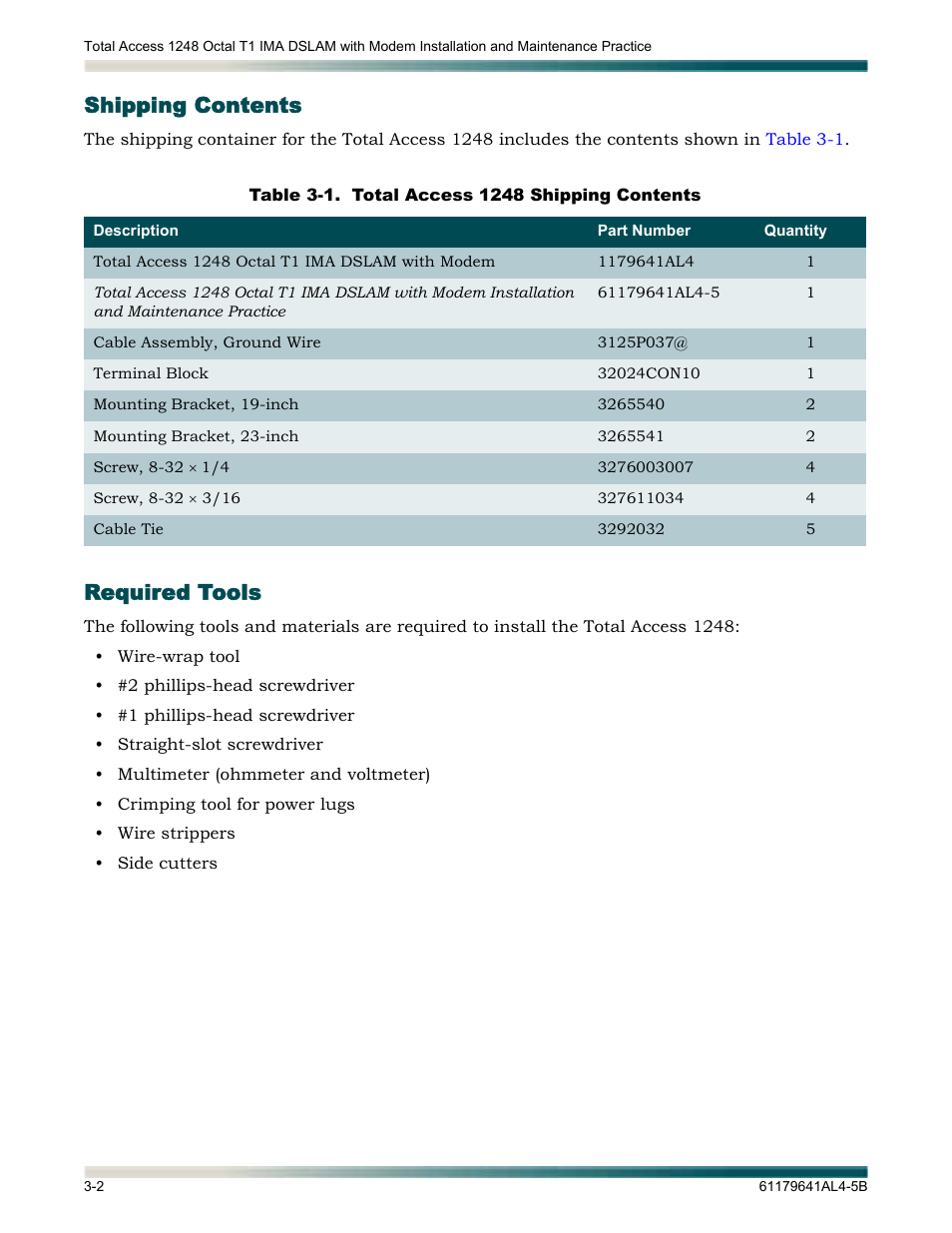 Shipping contents, Required tools, Shipping contents -2 required tools -2 | Table 3-1, Total access 1248 shipping contents -2 | ADTRAN 1248 User Manual | Page 26 / 236