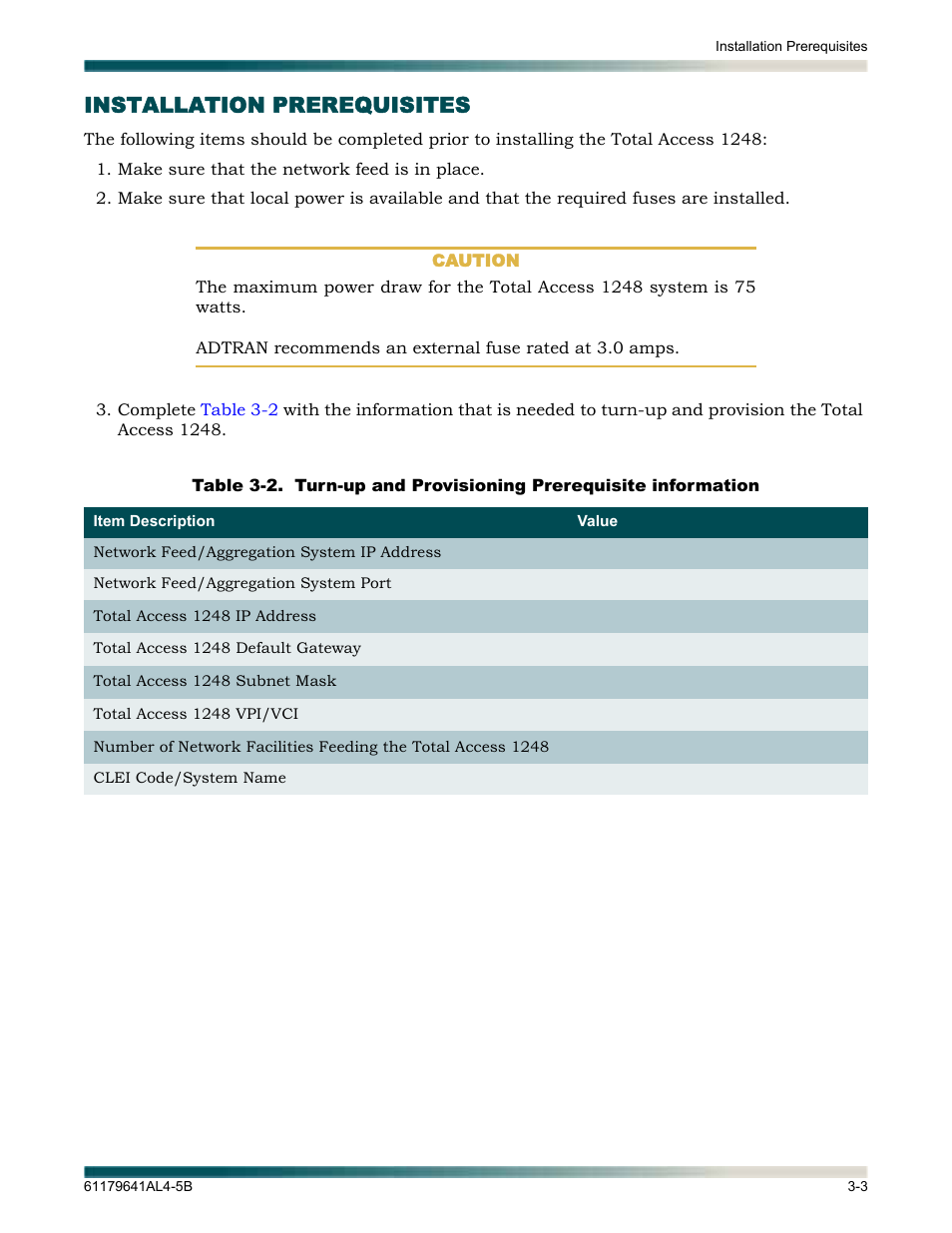 Installation prerequisites, Installation prerequisites -3, Table 3-2 | ADTRAN 1248 User Manual | Page 27 / 236