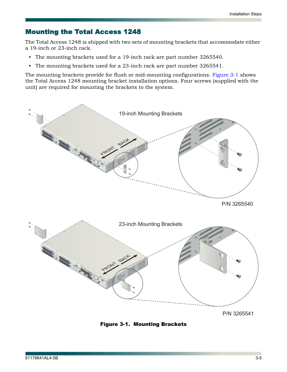 Mounting the total access 1248, Mounting the total access 1248 -5, Figure 3-1 | Mounting brackets -5 | ADTRAN 1248 User Manual | Page 29 / 236