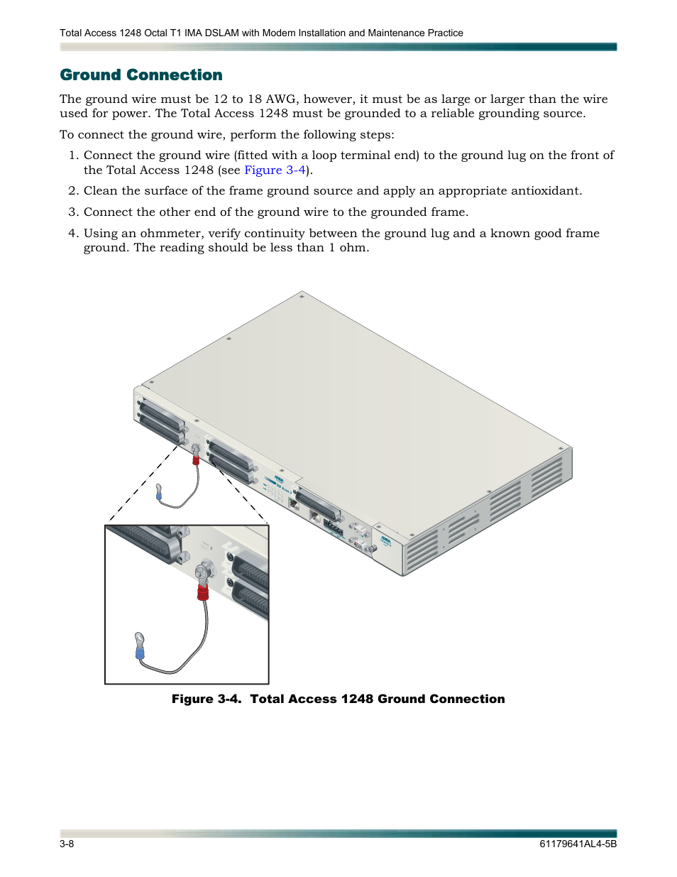 Ground connection, Ground connection -8, Figure 3-4 | Total access 1248 ground connection -8 | ADTRAN 1248 User Manual | Page 32 / 236